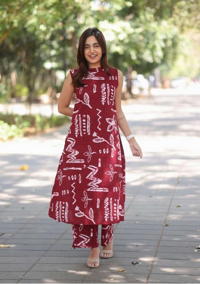 Maroon Printed Cotton Kurta Set - Indya