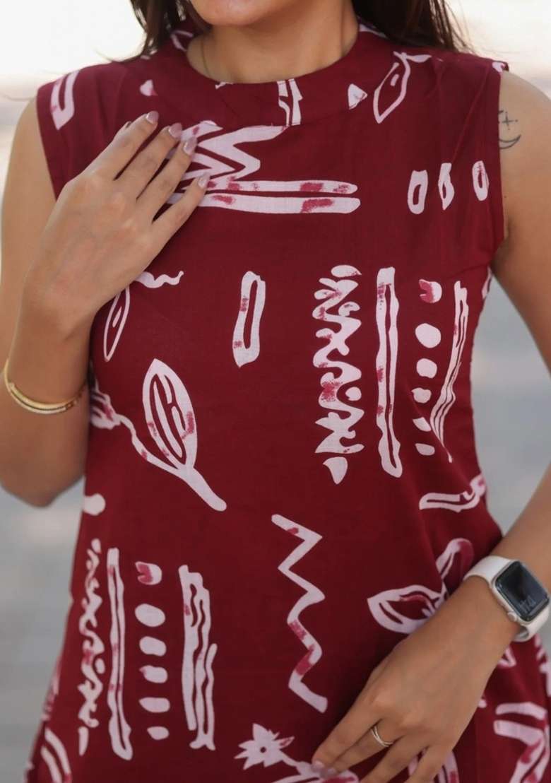 Maroon Printed Cotton Kurta Set - Indya
