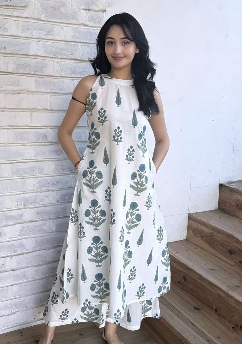 Off White Printed Cotton Kurta Set - Indya