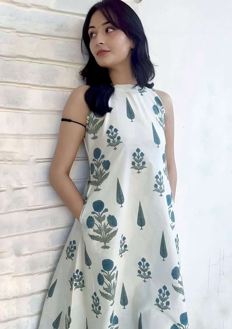 Off White Printed Cotton Kurta Set - Indya