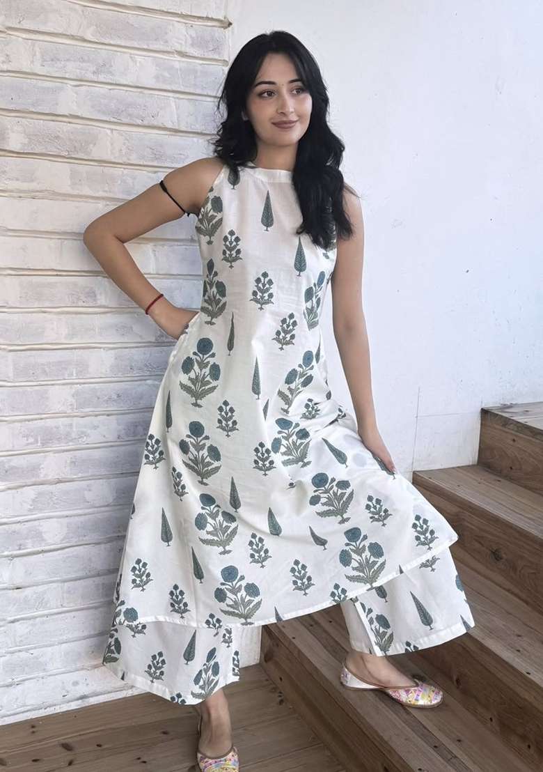 Off White Printed Cotton Kurta Set - Indya