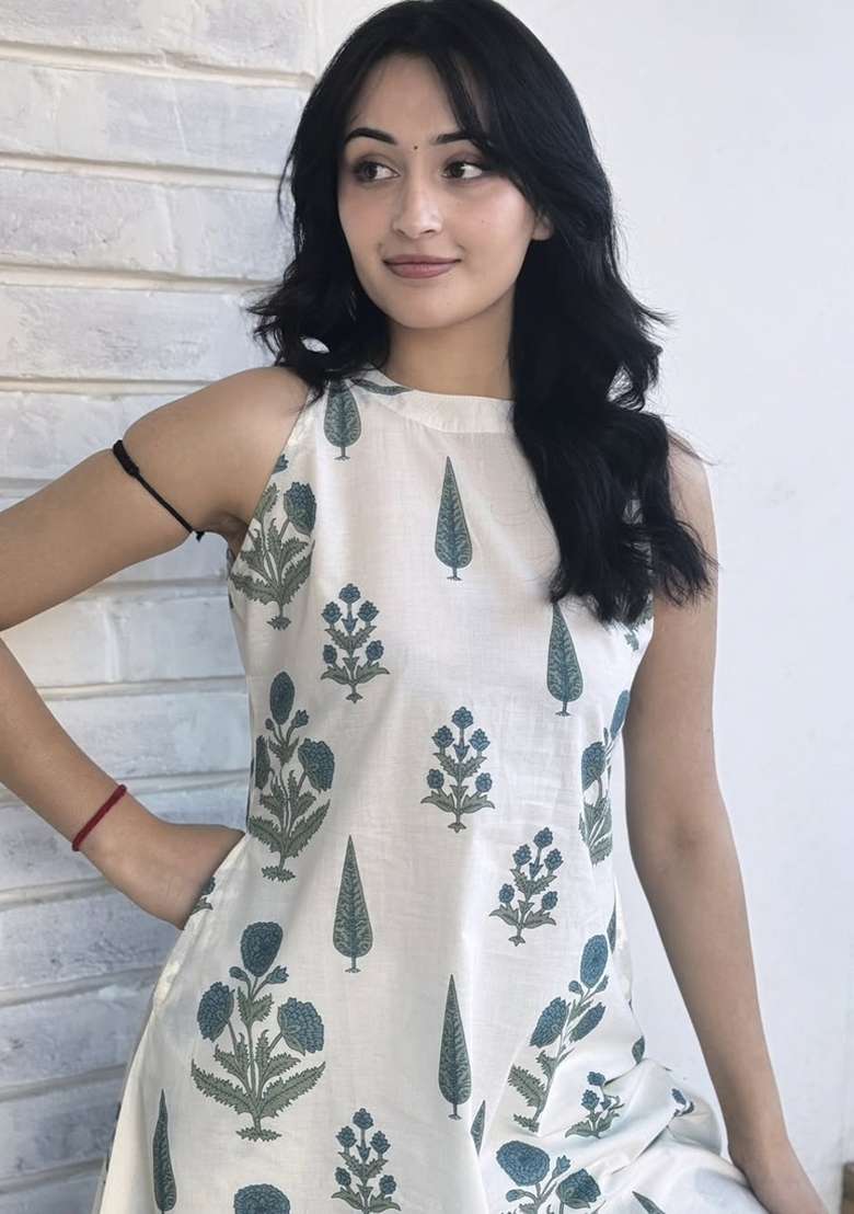Off White Printed Cotton Kurta Set - Indya