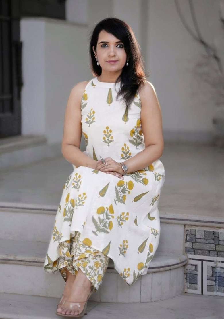 Off White Printed Cotton Kurta Set - Indya