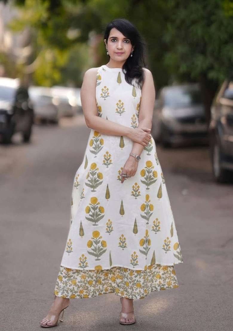 Off White Printed Cotton Kurta Set - Indya