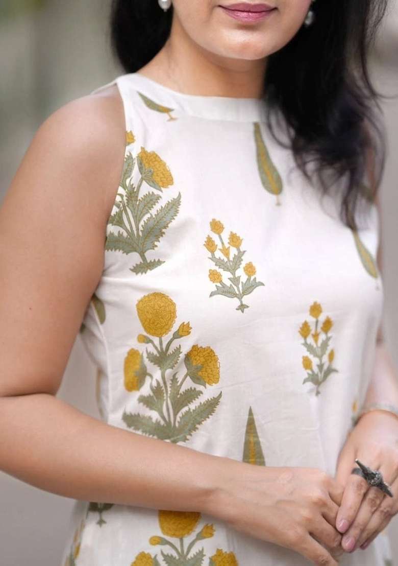 Off White Printed Cotton Kurta Set - Indya