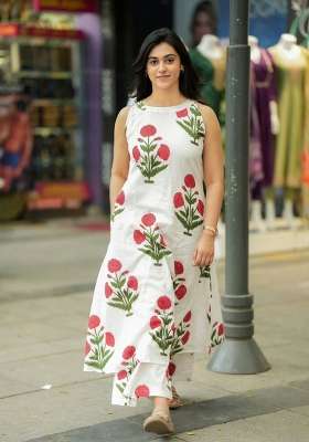 Off White Printed Cotton Kurta Set