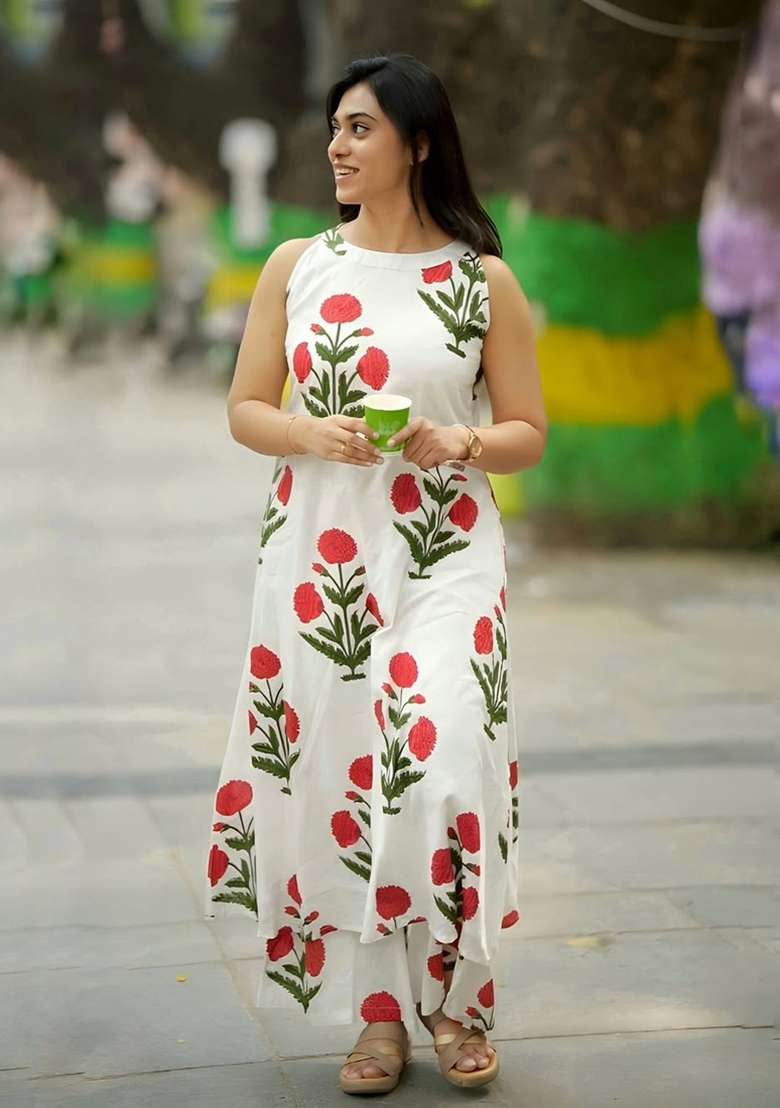 Off White Printed Cotton Kurta Set - Indya