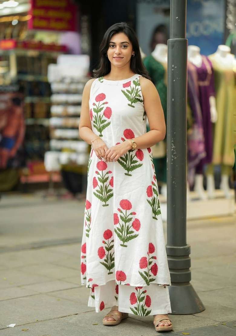 Off White Printed Cotton Kurta Set - Indya