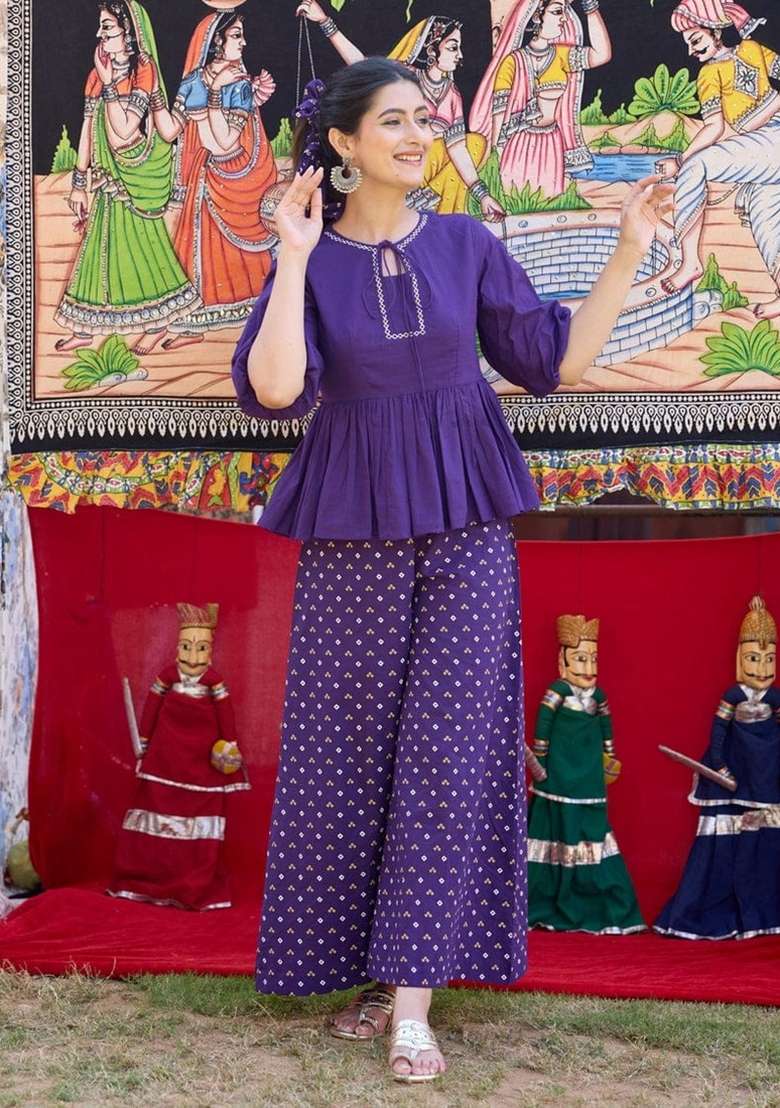 Purple Embroidery Cotton Kurta Set - Indya