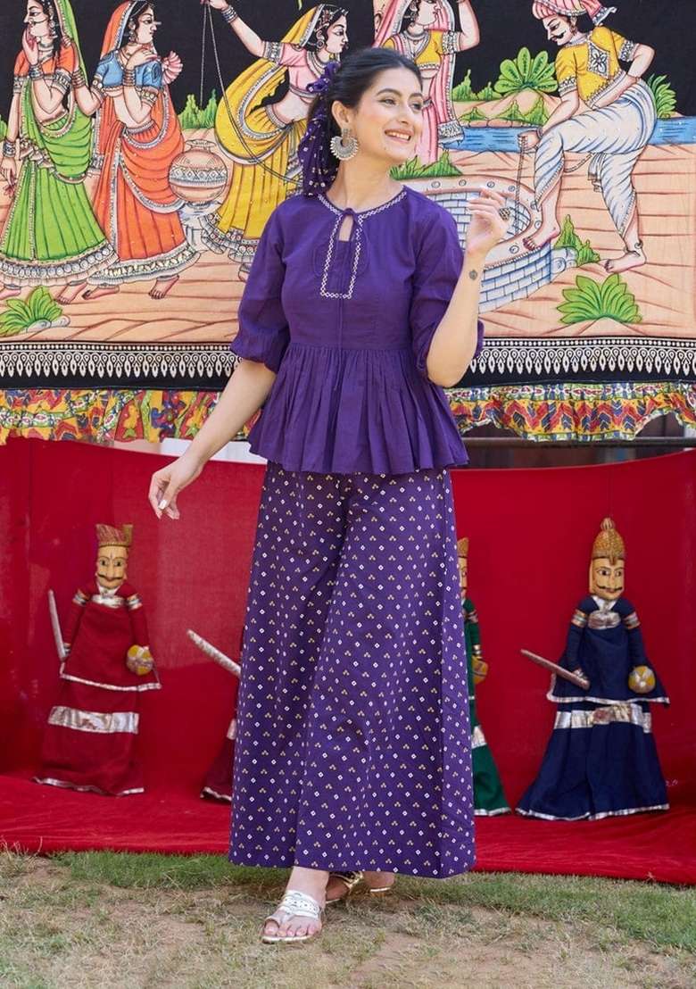 Purple Embroidery Cotton Kurta Set - Indya