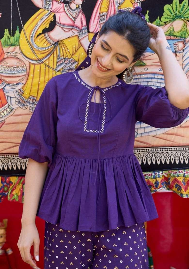Purple Embroidery Cotton Kurta Set - Indya