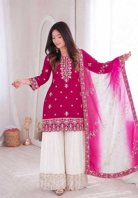 Deep Pink Embroidery Silk Sharara Set
