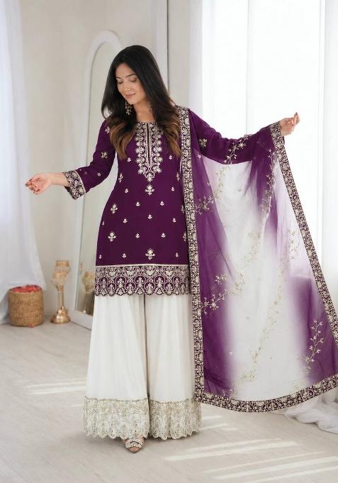 Deep Royal Purple Embroidery Silk Sharara Set
