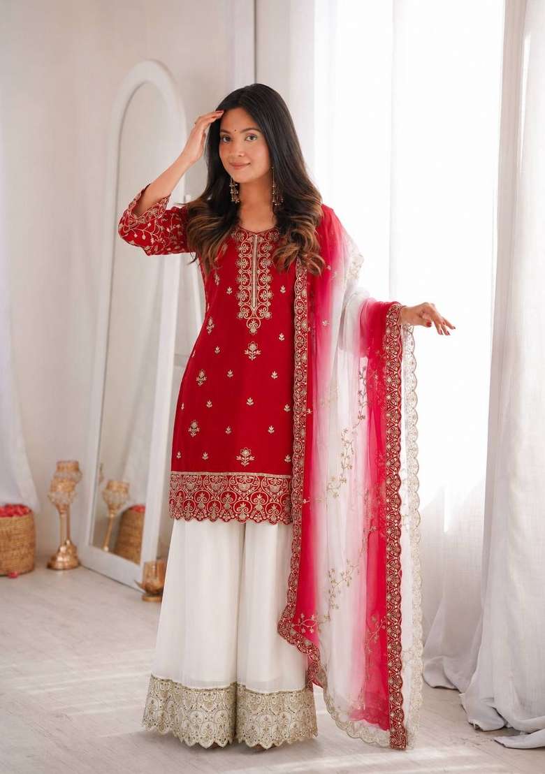 Crimson Red Embroidery Silk Sharara Set - Indya