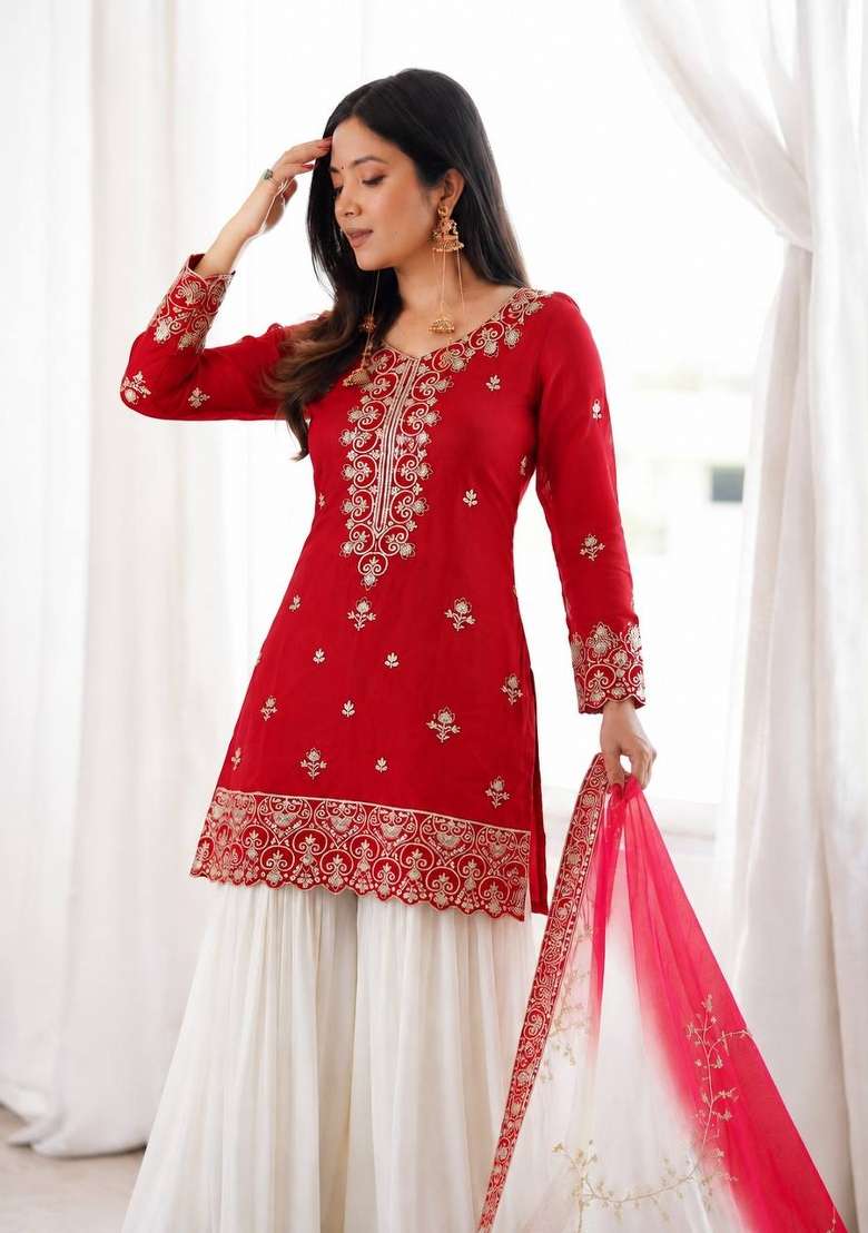 Crimson Red Embroidery Silk Sharara Set - Indya