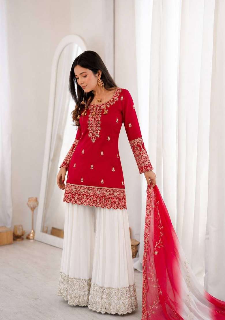 Crimson Red Embroidery Silk Sharara Set - Indya
