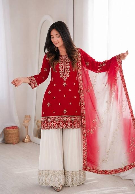 Crimson Red Embroidery Silk Sharara Set