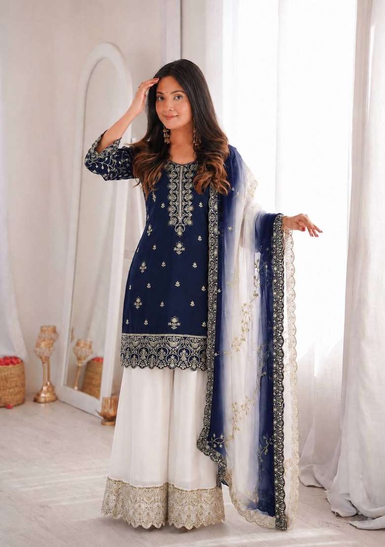 Navy Blue Embroidery Silk Sharara Set - Indya