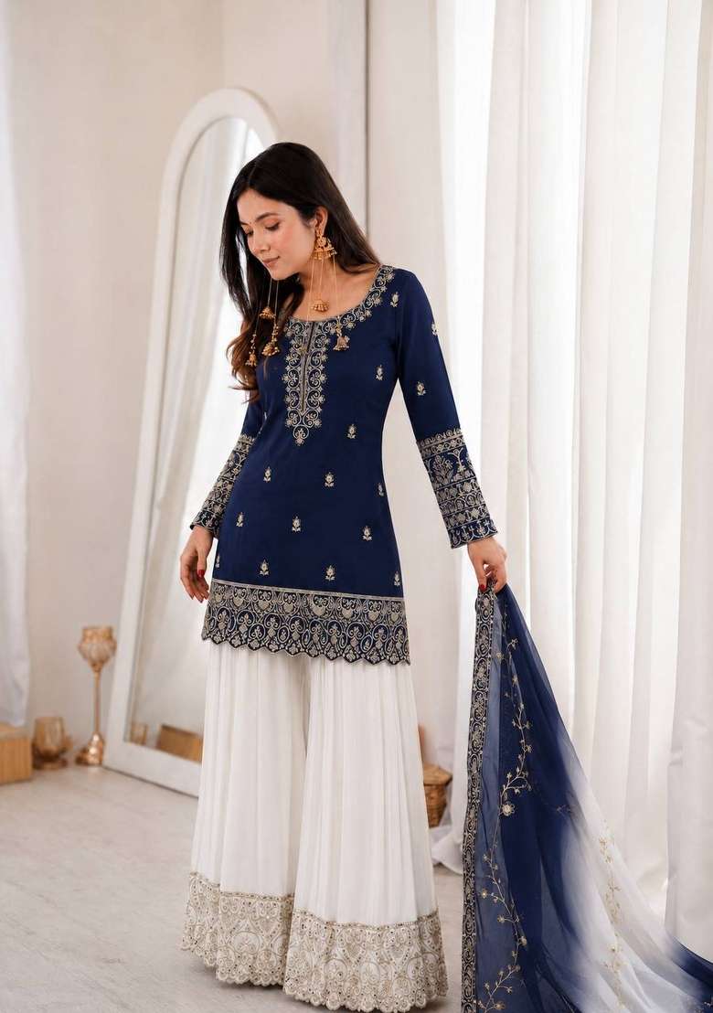 Navy Blue Embroidery Silk Sharara Set - Indya
