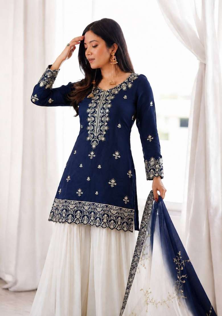 Navy Blue Embroidery Silk Sharara Set - Indya