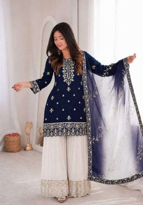 Navy Blue Embroidery Silk Sharara Set