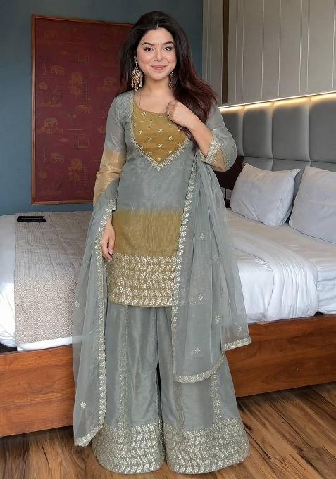Grey And Mustard Gold Embroidery Silk Sharara Set