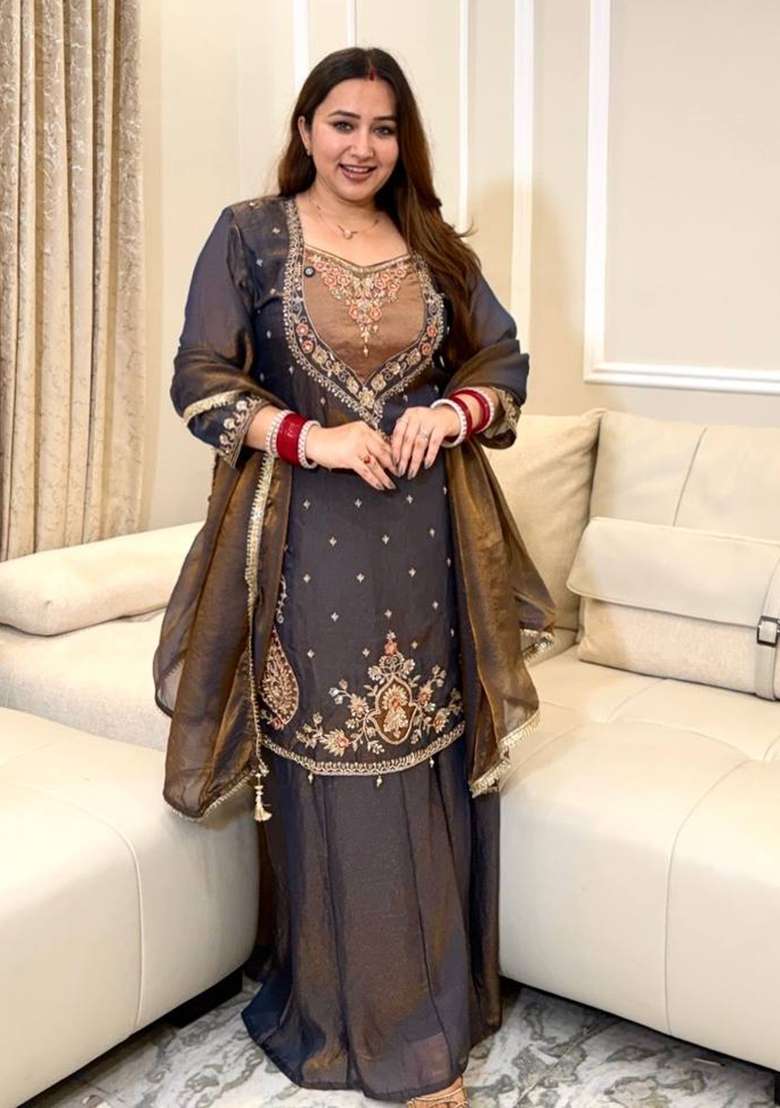 Deep Chocolate Brown Embroidery Silk Kurta Set - Indya