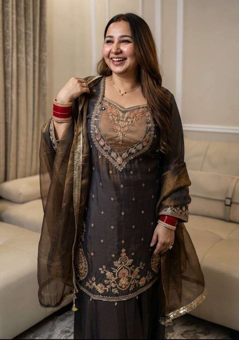 Deep Chocolate Brown Embroidery Silk Kurta Set - Indya