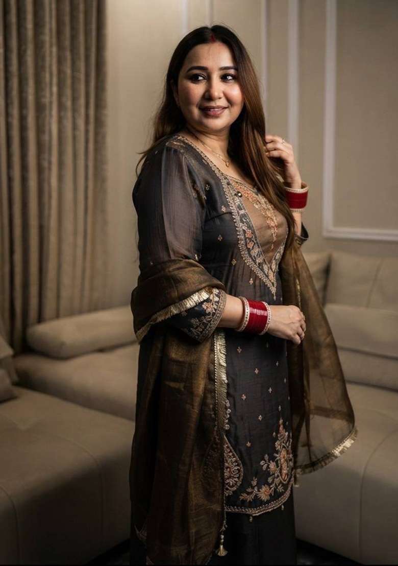 Deep Chocolate Brown Embroidery Silk Kurta Set - Indya
