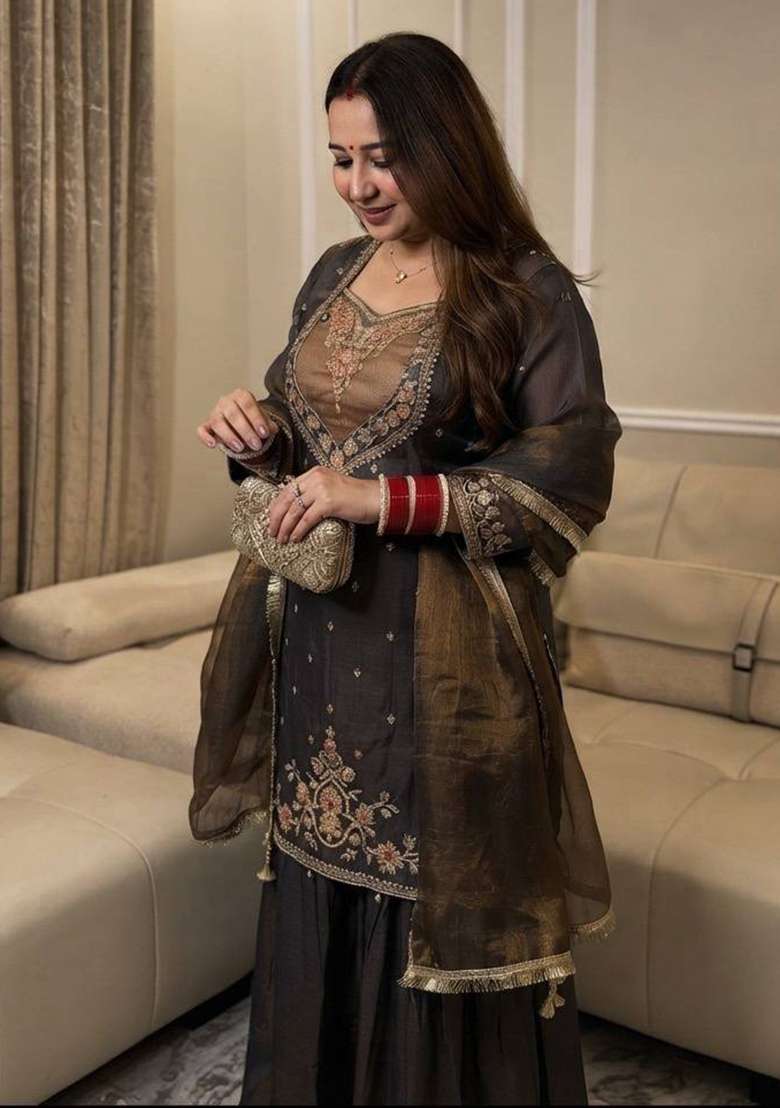 Deep Chocolate Brown Embroidery Silk Kurta Set - Indya