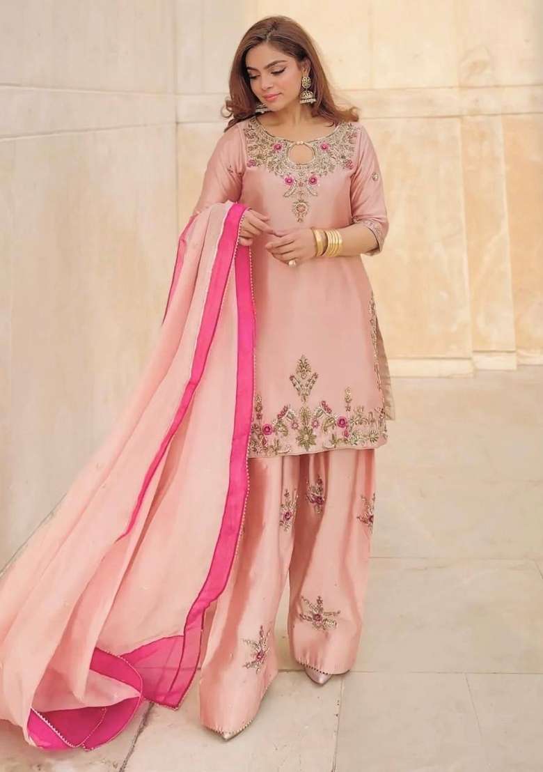 Baby Pink Embroidery Silk Kurta Set - Indya