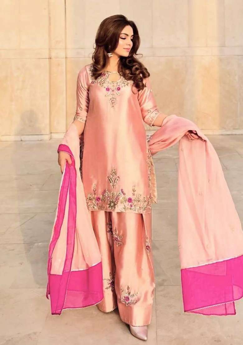 Baby Pink Embroidery Silk Kurta Set - Indya