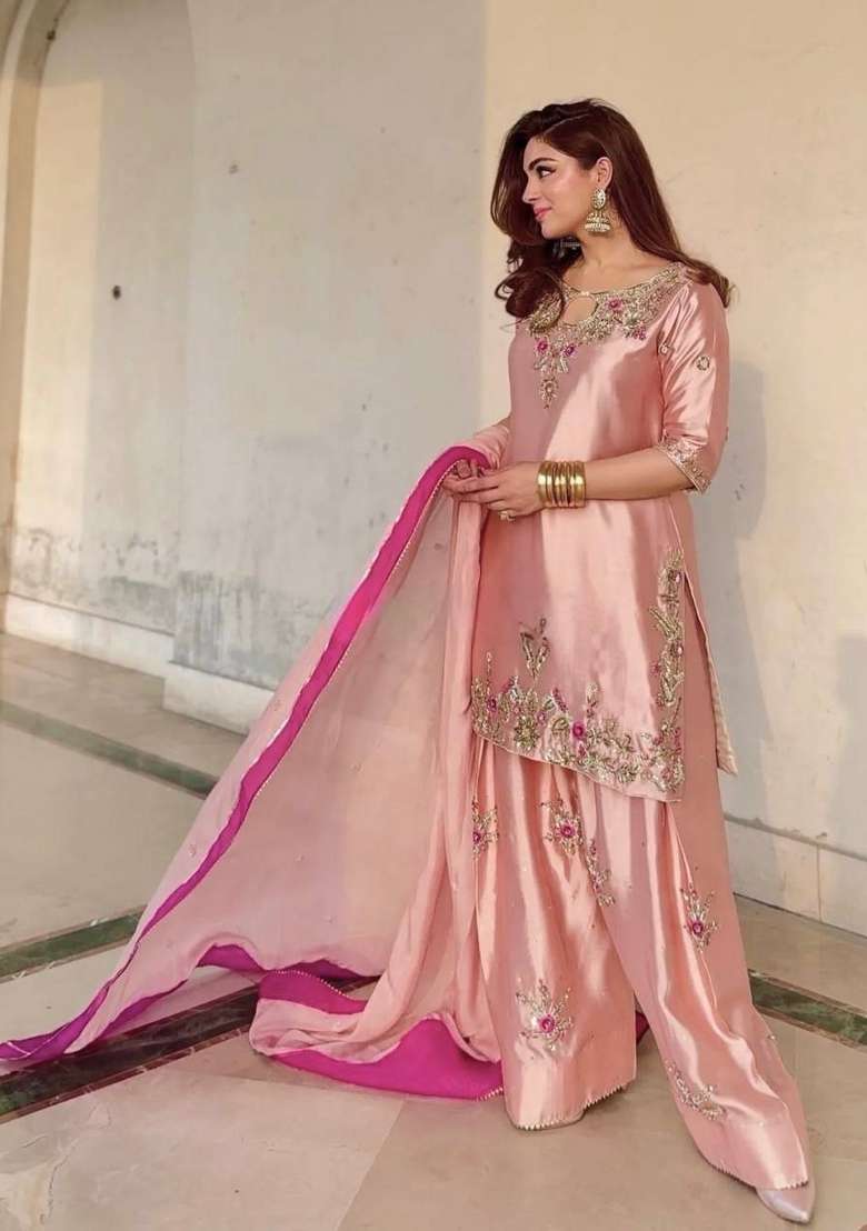 Baby Pink Embroidery Silk Kurta Set - Indya