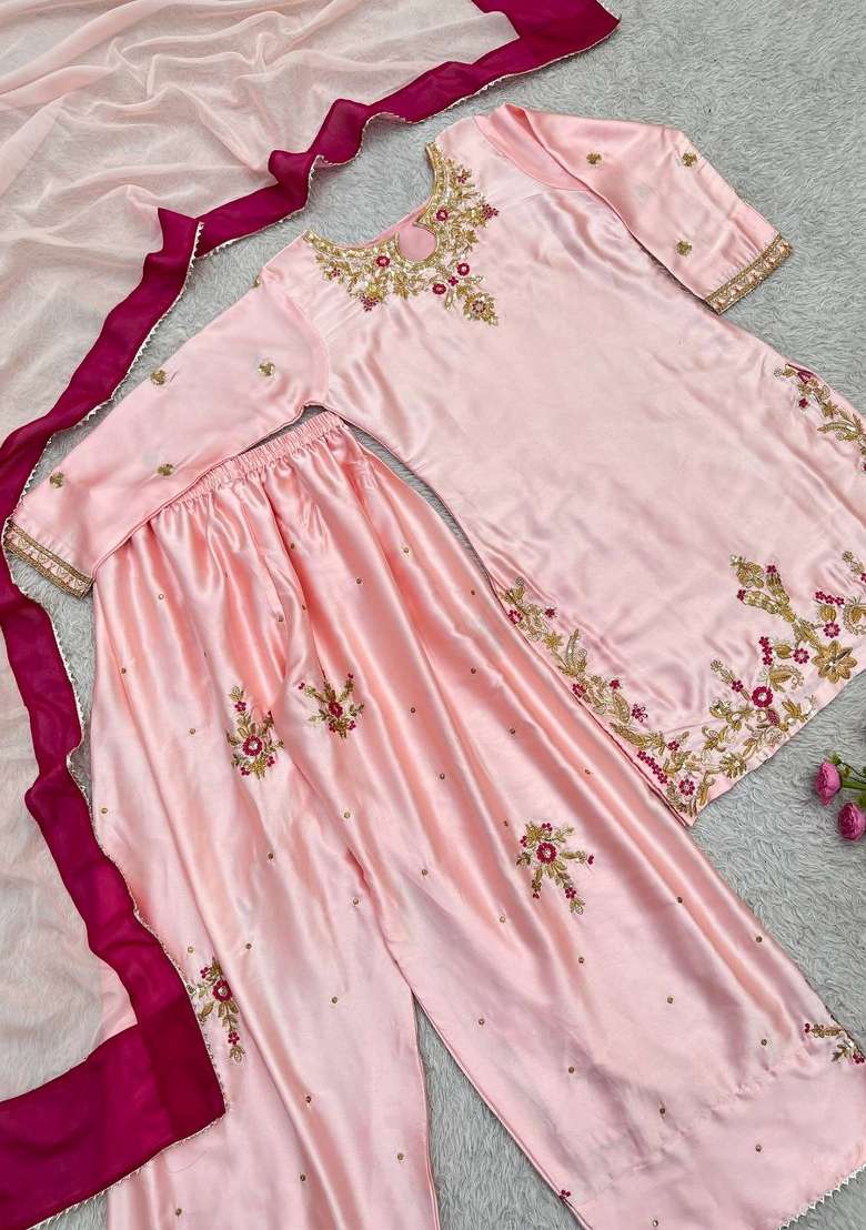 Baby Pink Embroidery Silk Kurta Set - Indya