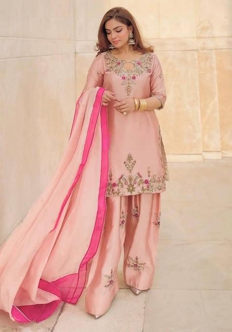 Baby Pink Embroidery Silk Kurta Set