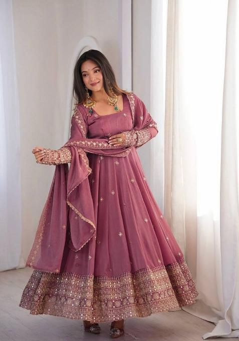 Dusty Rose Silk Anarkali Set