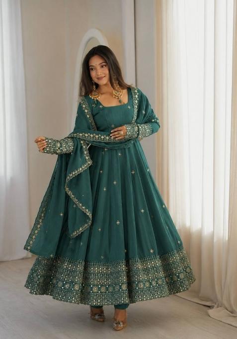 Teal Green Silk Anarkali Set