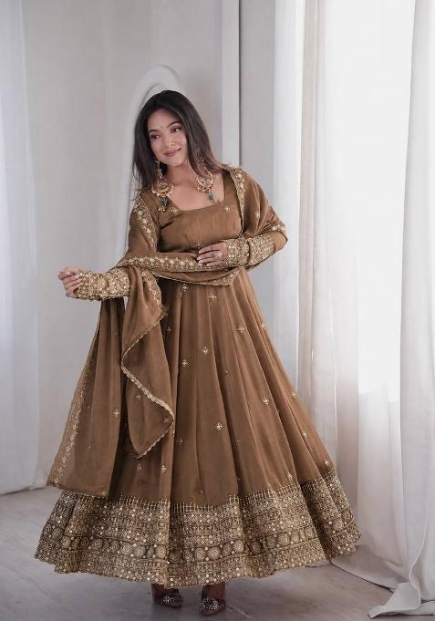 Latte Brown Silk Anarkali Set