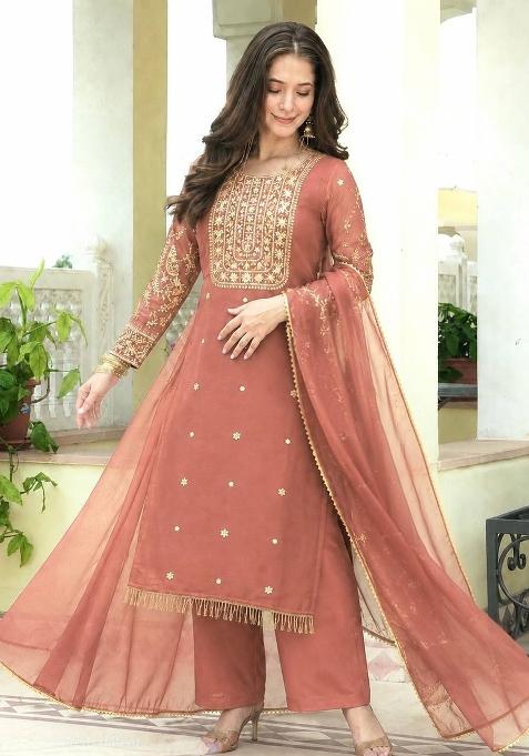 Peach Embroidery Roman Kurta Set