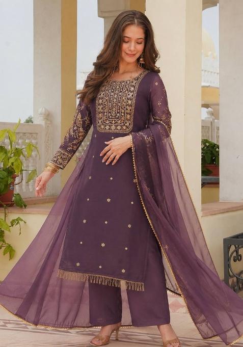 Purple Embroidery Roman Kurta Set
