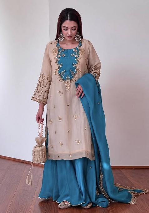 Royal Blue And Light Beige Embroidery Cotton Sharara Set