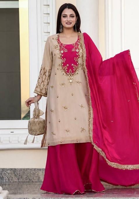 Magenta Pink And Light Beige Embroidery Cotton Sharara Set