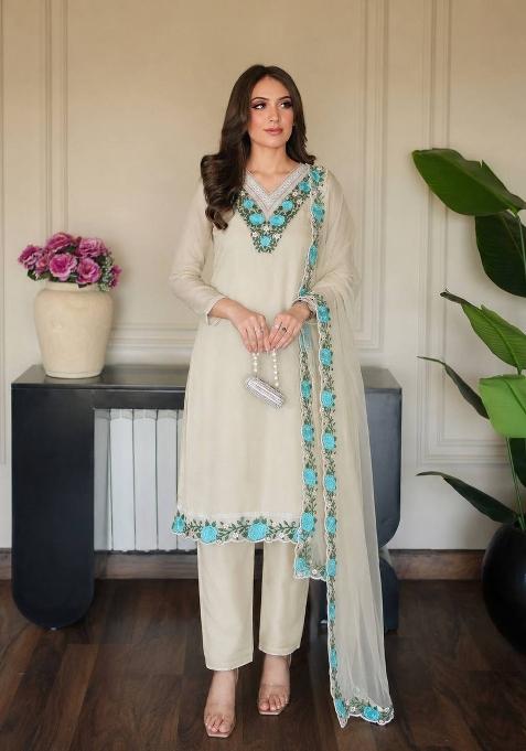 Light Cream Embroidery Organza Kurta Set
