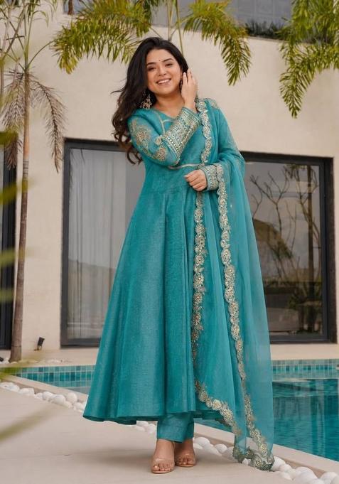 Teal Green Embroidery Silk Anarkali Set