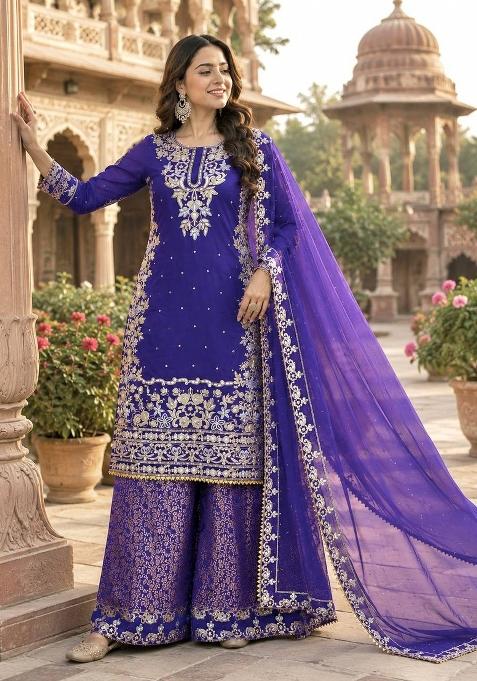 Deep Royal Blue Embroidery Cotton Sharara Set
