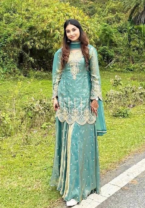 Sage Green Embroidery Silk Sharara Set