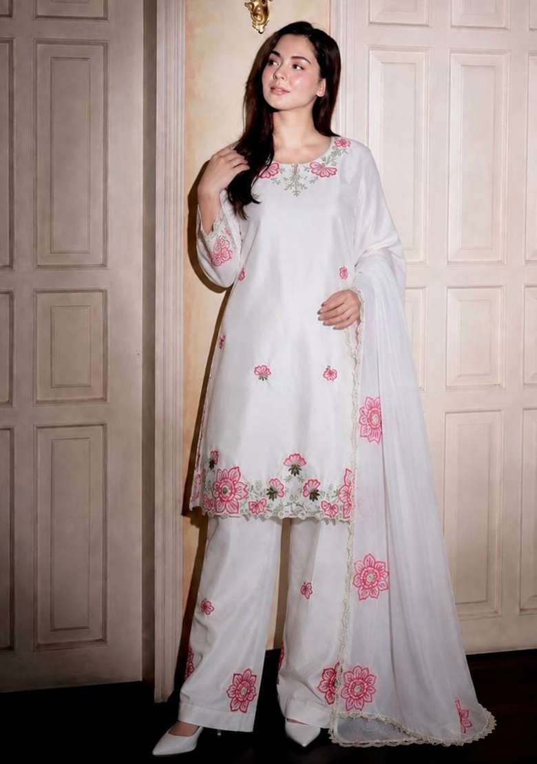 White Embroidery Silk Kurta Set - Indya