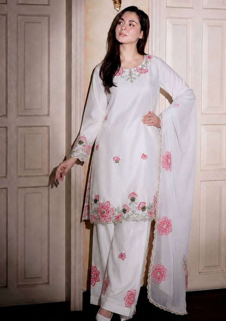 White Embroidery Silk Kurta Set - Indya