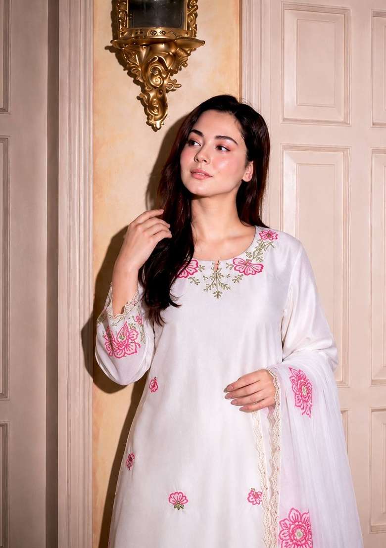 White Embroidery Silk Kurta Set - Indya