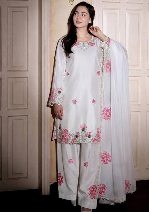 White Embroidery Silk Kurta Set